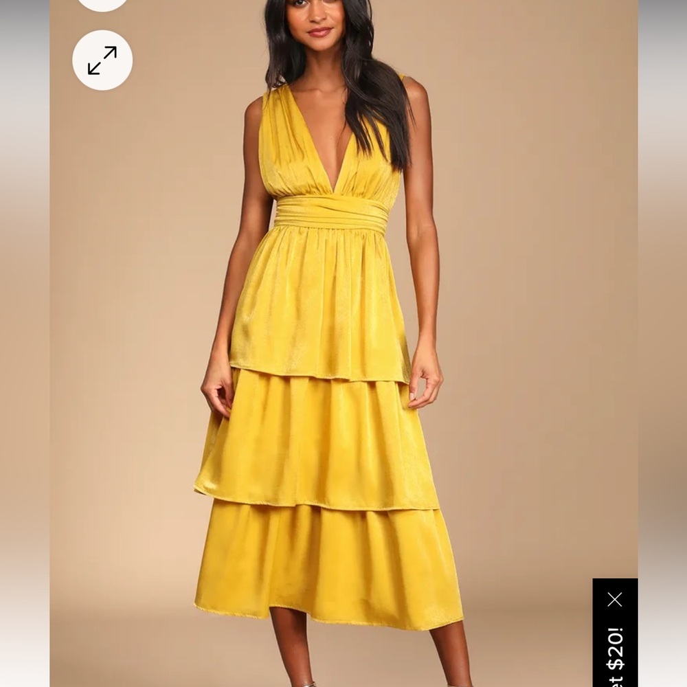 Mustard yellow satin tiered tie back midi dress from Lulus